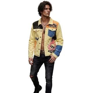 Genuine Authentic Yellow Denim Jacket Skull Fire Freezing Men's Small